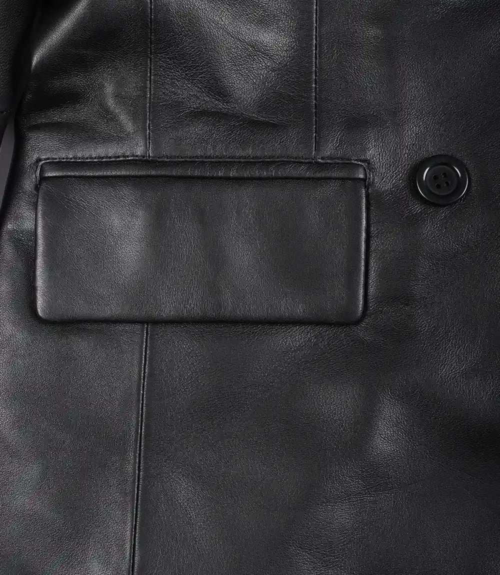 Notch Lapel Collar Double Breasted Black Leather Coat Women