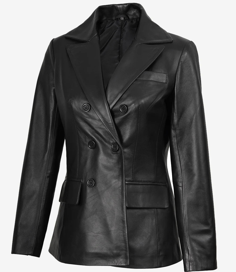 Notch Lapel Collar Double Breasted Black Leather Coat Women