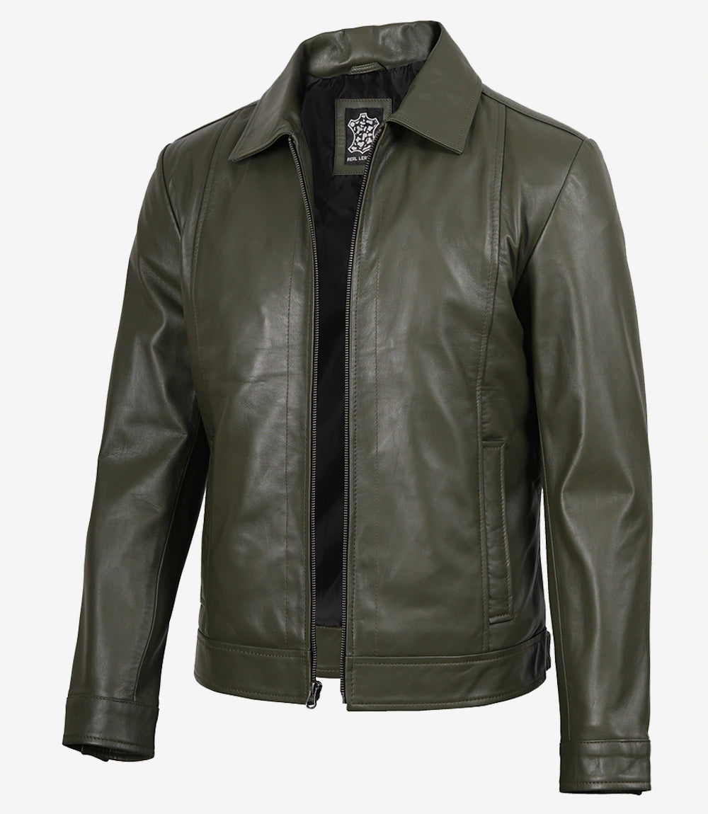 Mens Shirt Collar Green Leather Jacket