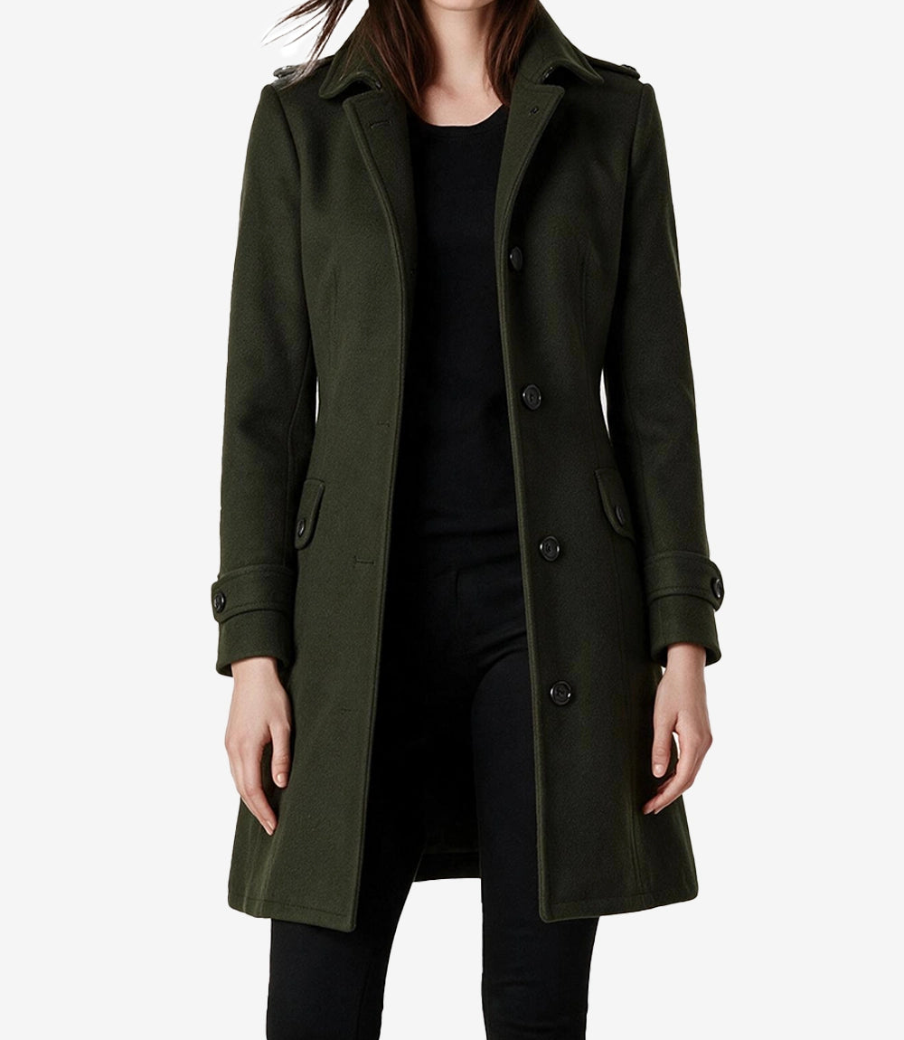 Josephine Women's Mid Length Olive Green Wool Coat - Olive Green