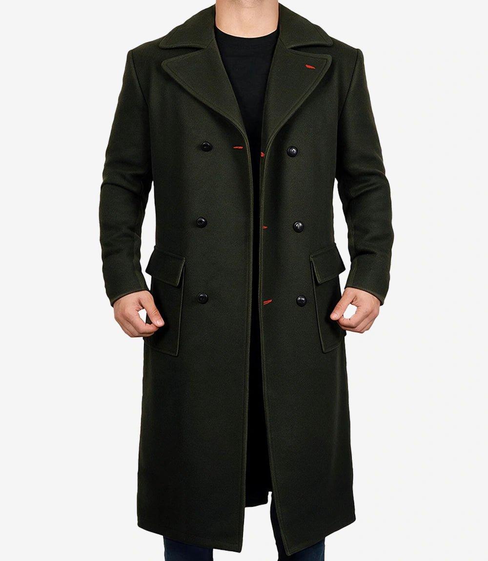 Men’s Double-Breasted Long Olive Green Wool Coat - Olive Green