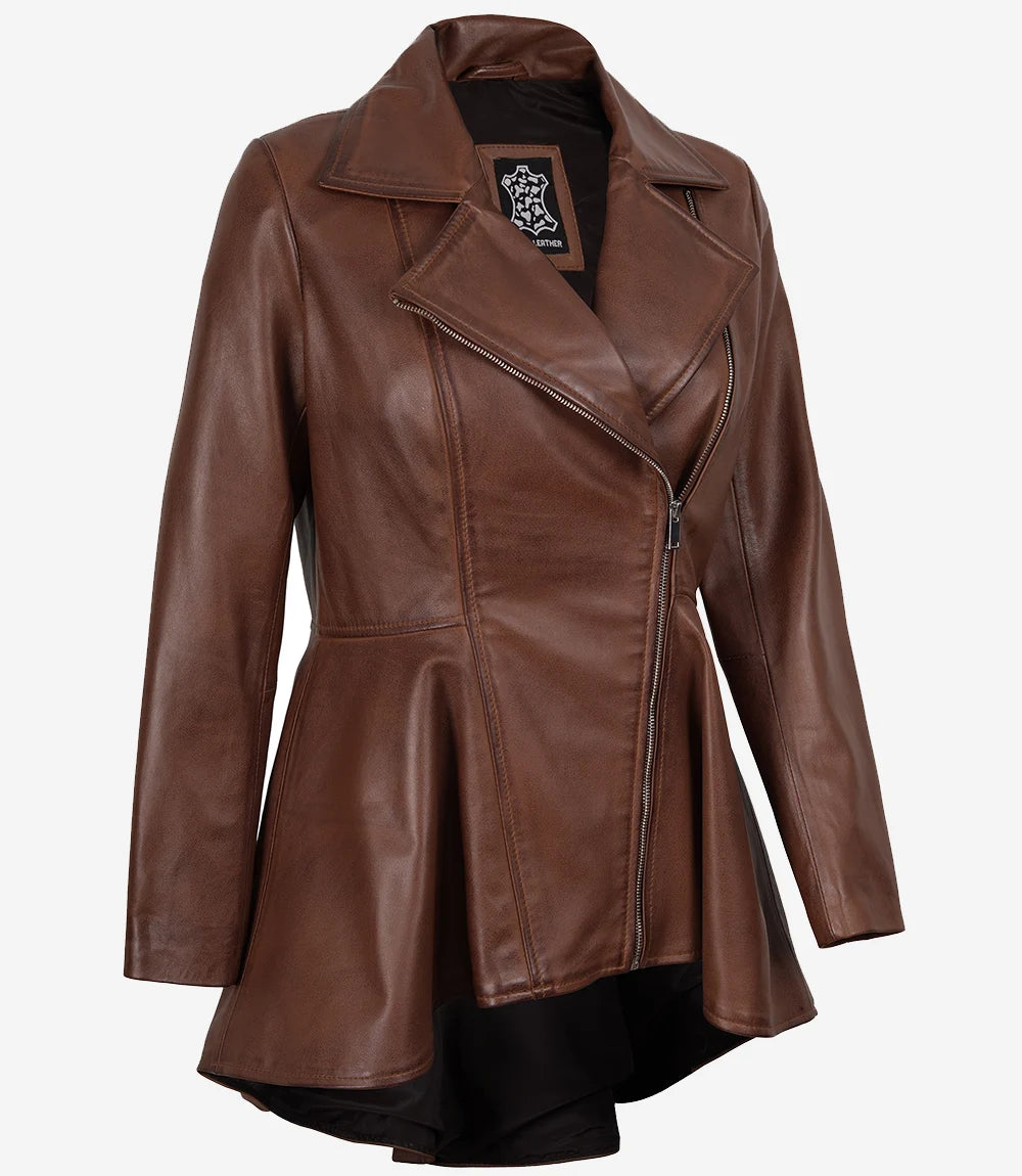 Womens Asymmetrical Cognac Peplum Leather Jacket