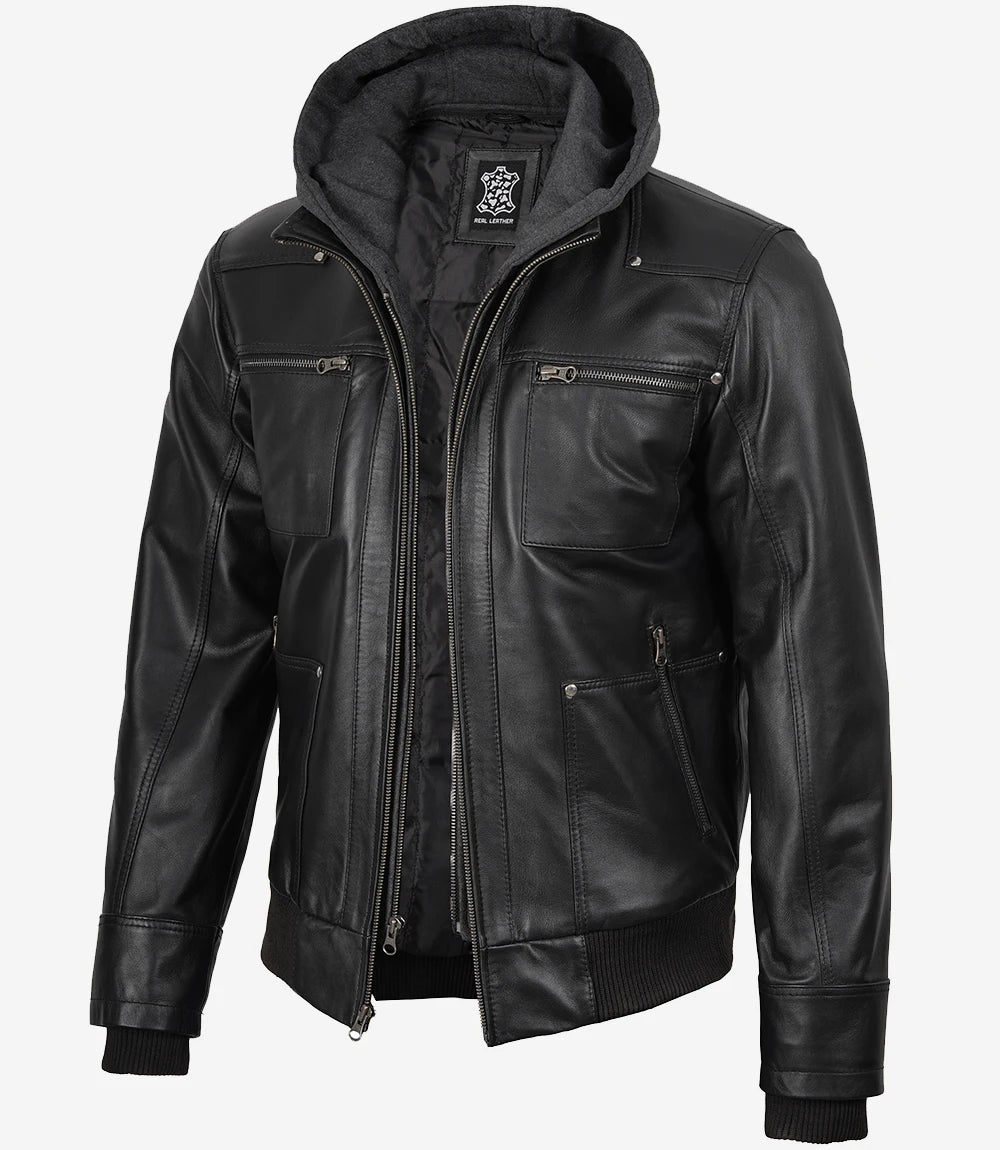 Men's Black Leather Bomber Jacket with Removable Hood