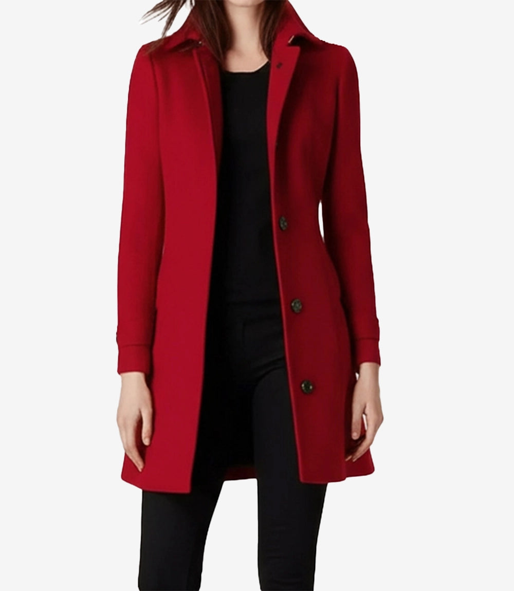Women's Single Breasted Red Wool Coat - 3/4 Length