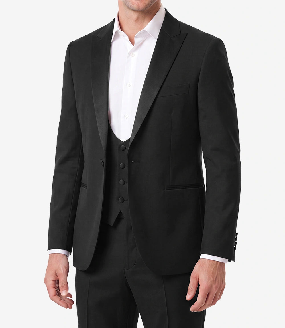 Mens Black 3 Piece Suit – Satin Peak Lapel One Button Tuxedo