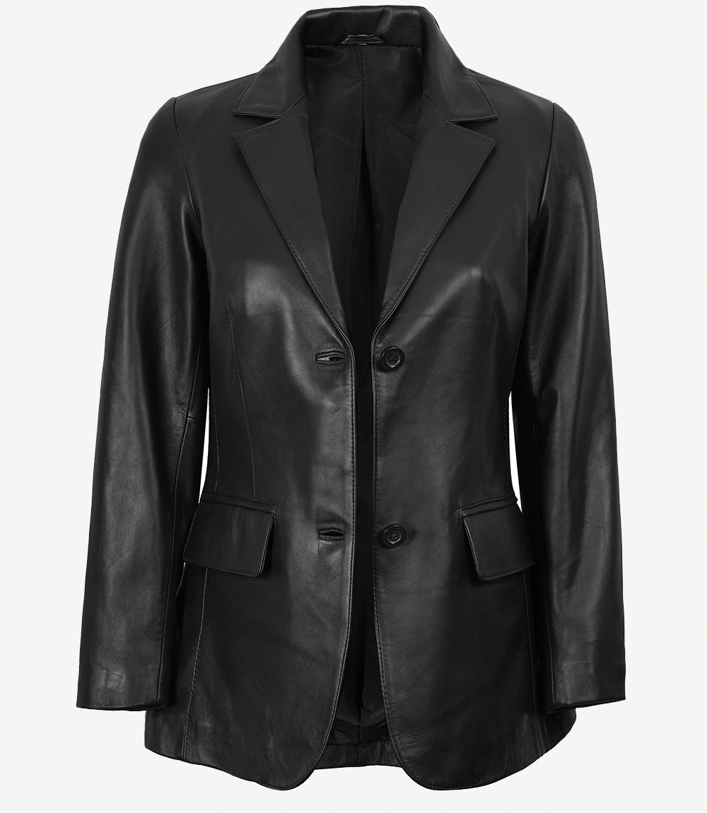 Shannon Women's Two Button Black Leather Blazer