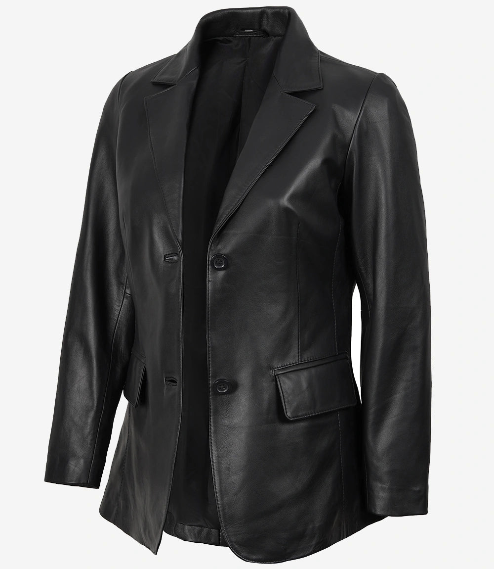 Shannon Women's Two Button Black Leather Blazer