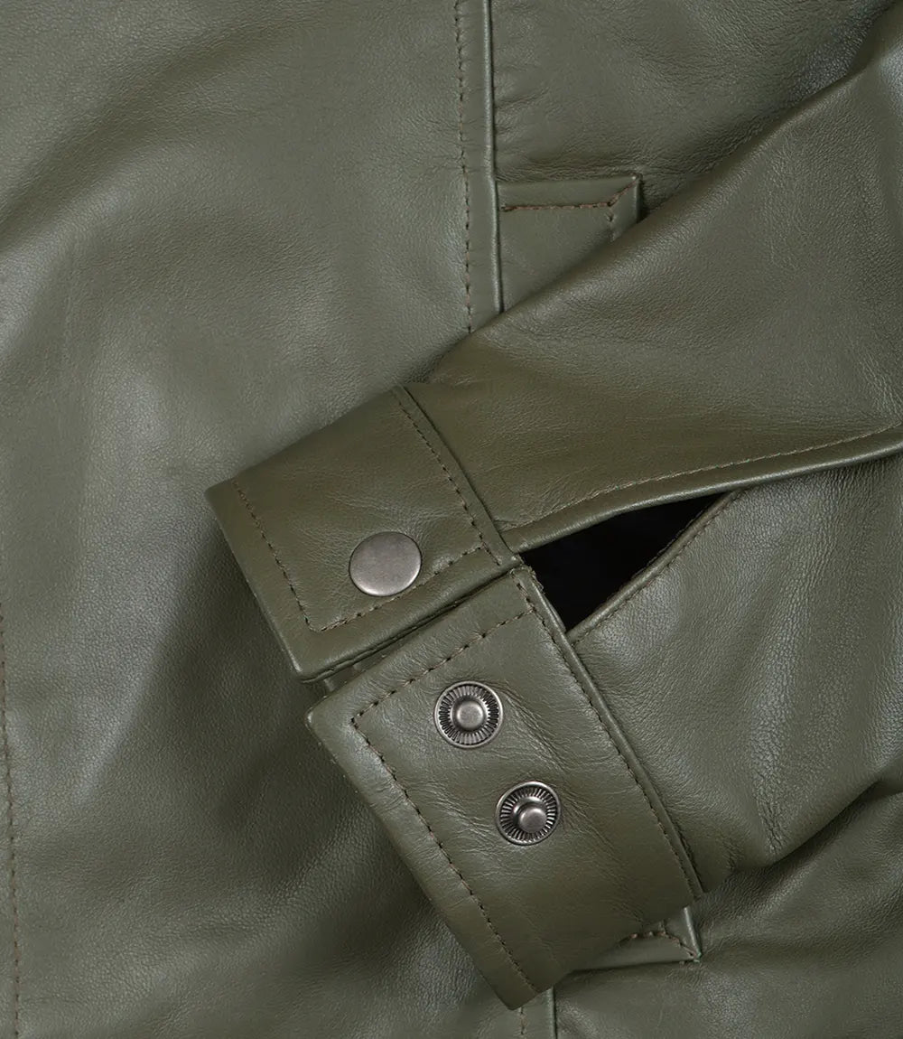 Mens Shirt Collar Green Leather Jacket