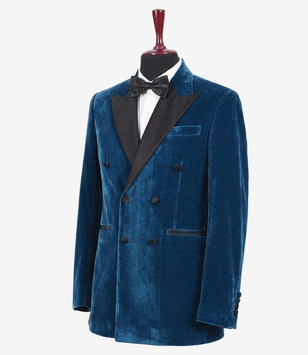 Men’s Teal Blue Velvet Double-Breasted Tuxedo Jacket — Peak Lapel