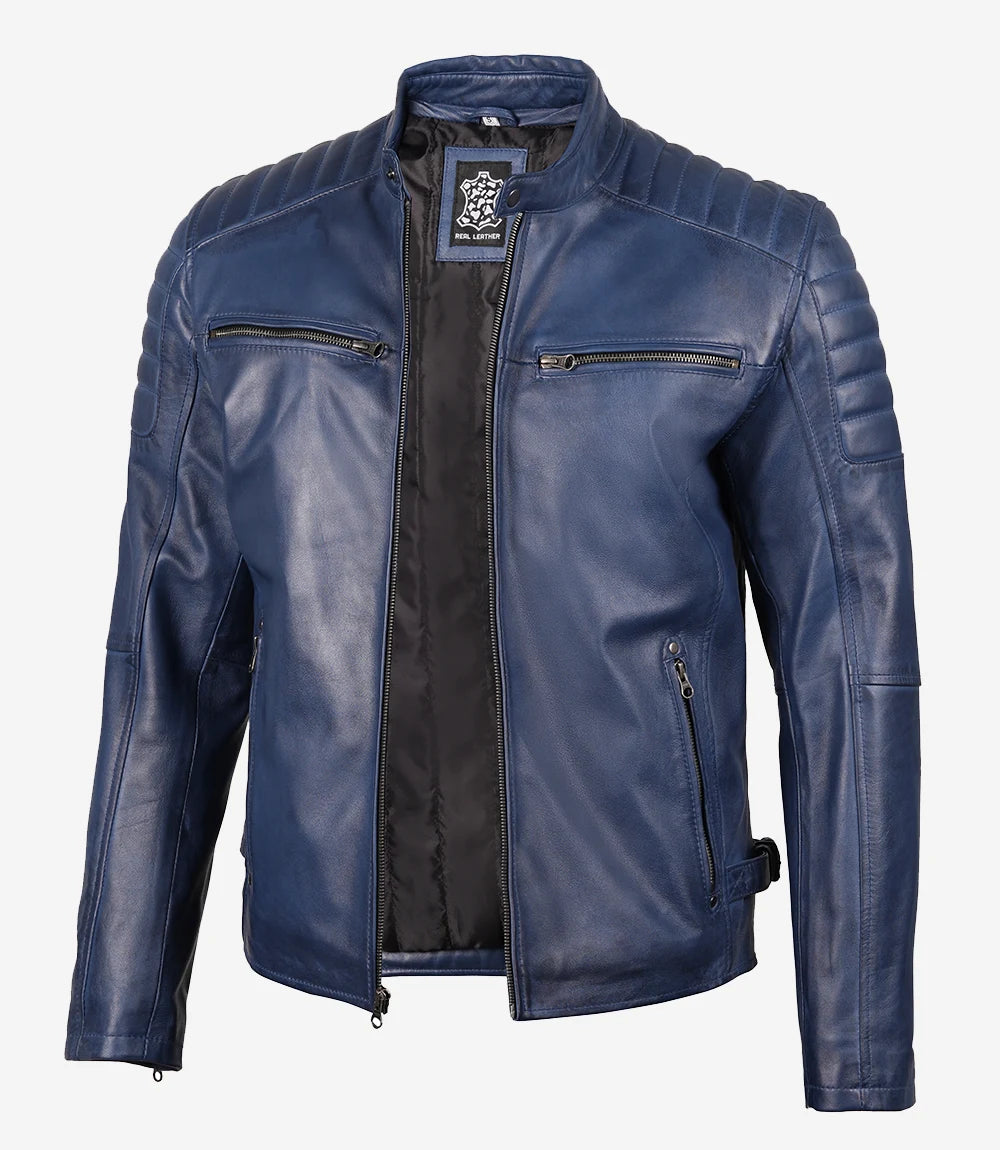 Mens Blue Waxed Cafe Racer Leather Jacket