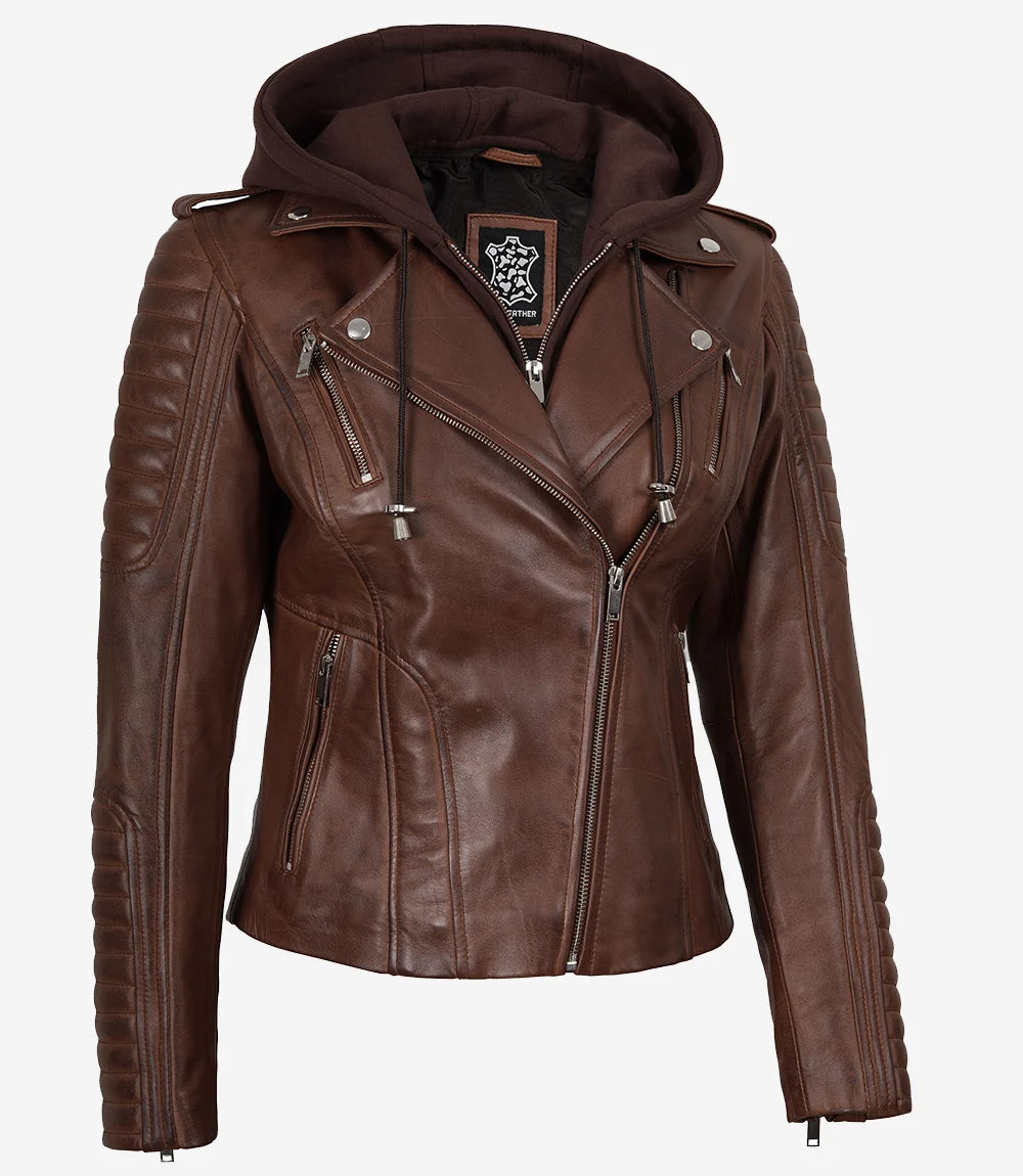 Women's Cognac Biker Style Leather Jacket with Removable Hood