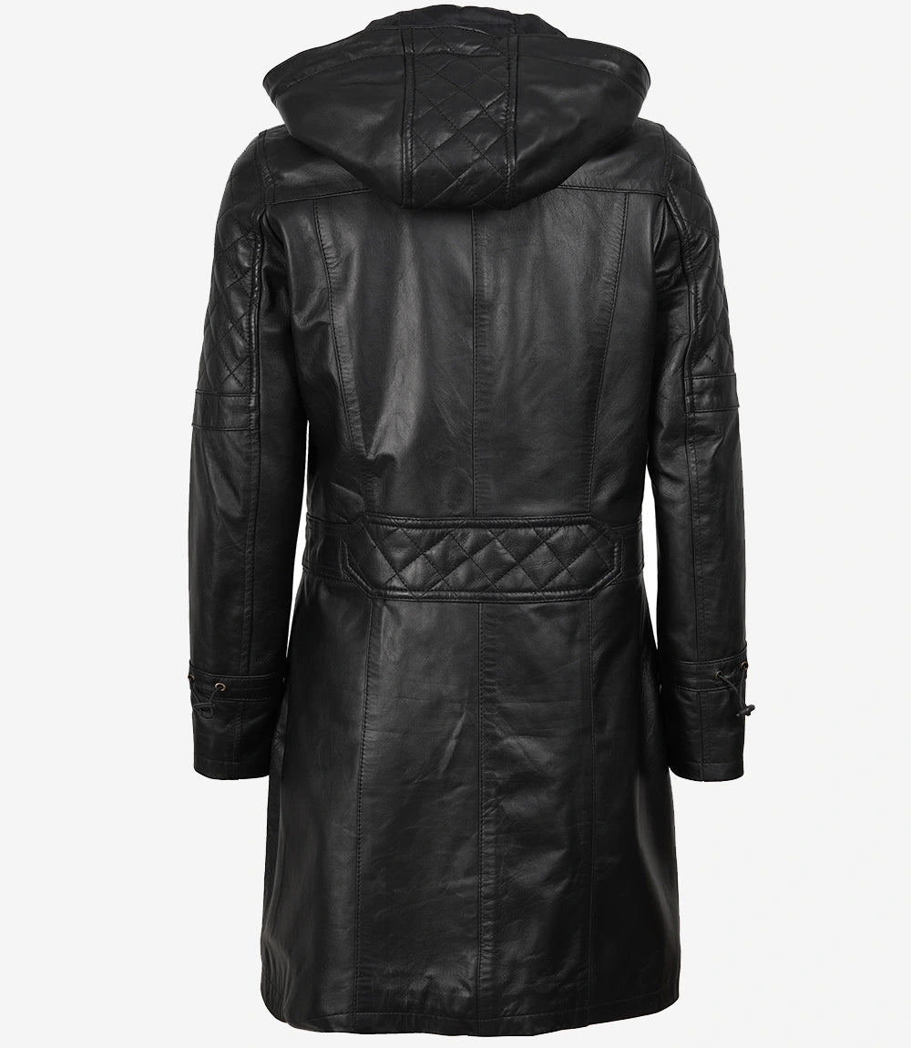 Women's 3/4 Length Black Leather Hooded Coat