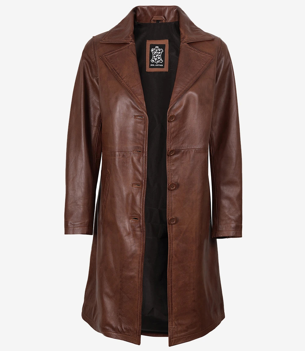 Long Cognac Leather Car Coat for Women