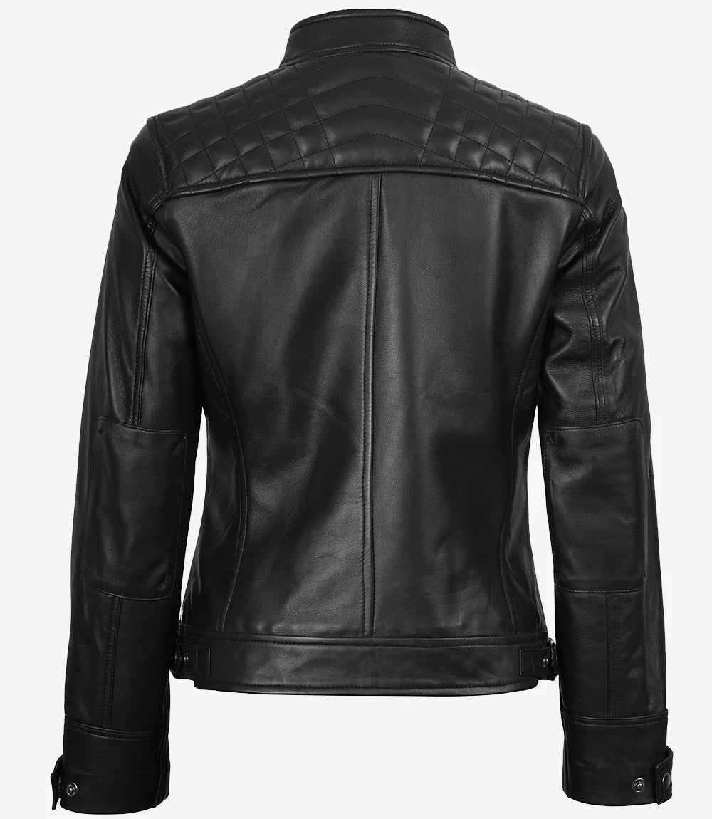 Womens Petite Black Quilted Biker Style Leather Jacket