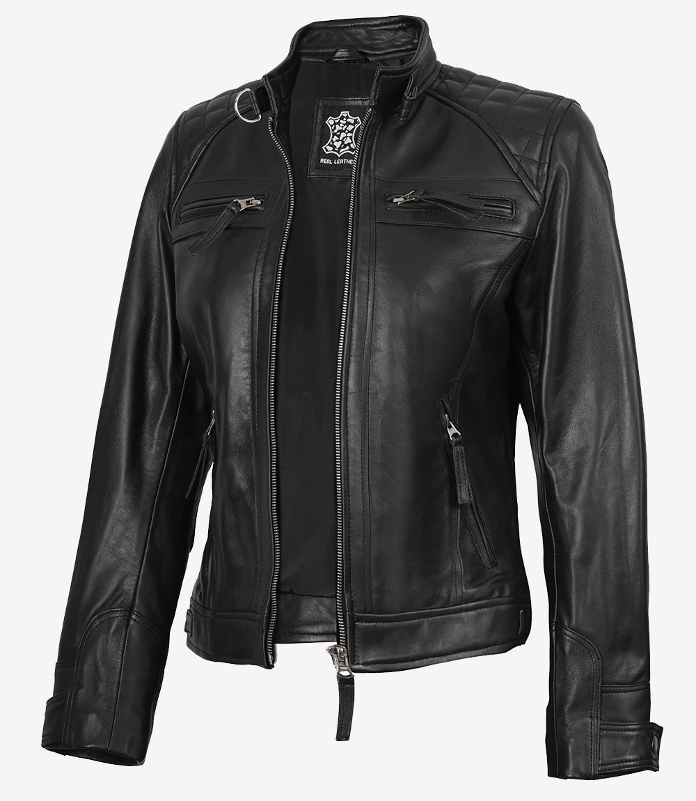Womens Petite Black Quilted Biker Style Leather Jacket