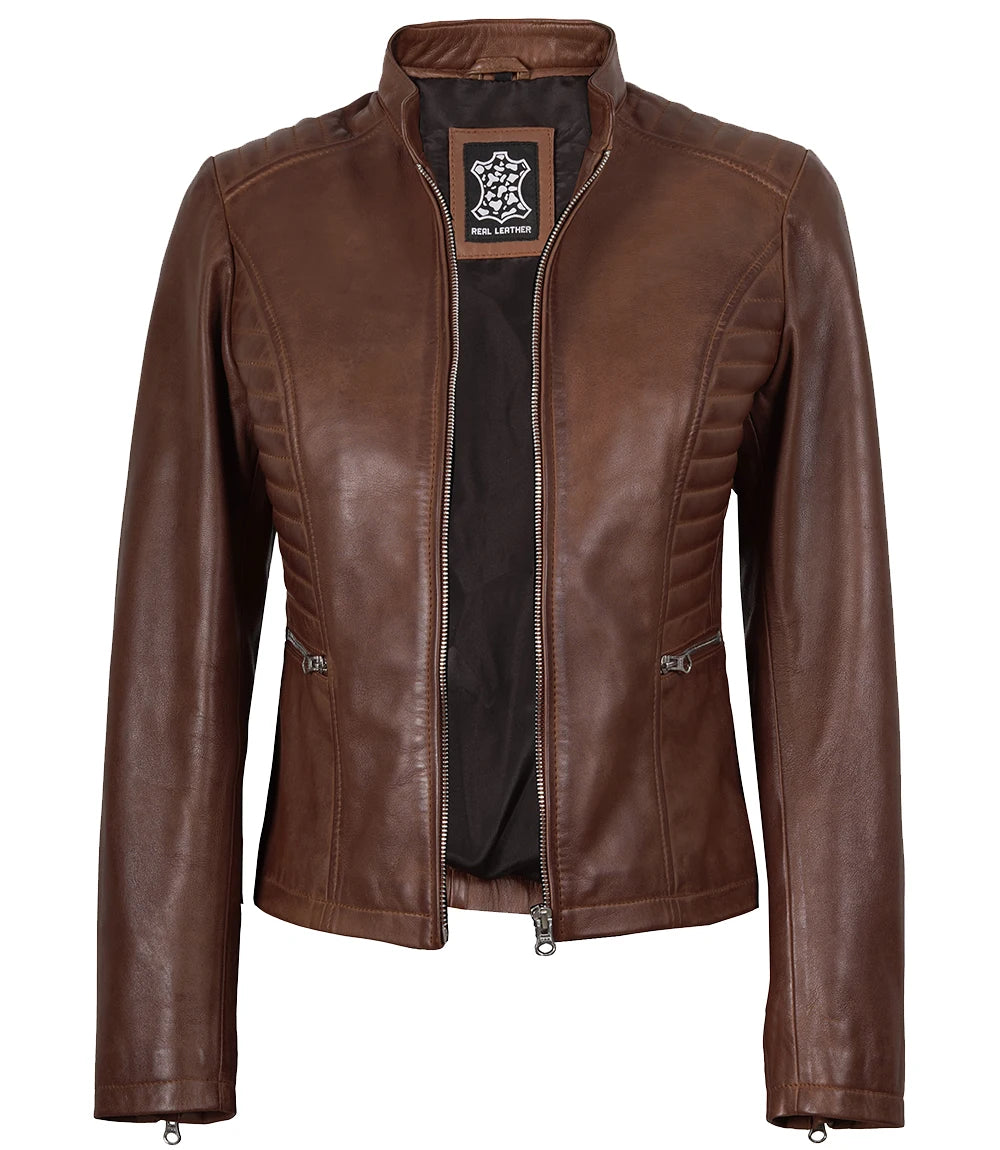 Womens Real Leather Cognac Waxed Biker Style Jacket