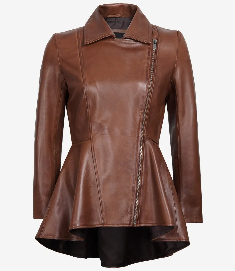 Womens Cognac Peplum Leather Jacket