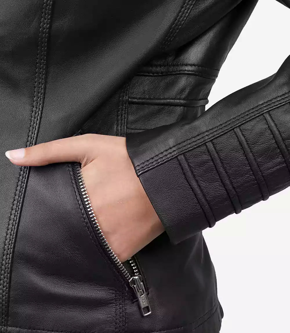 Womens Tall Black Leather Jacket With Hood