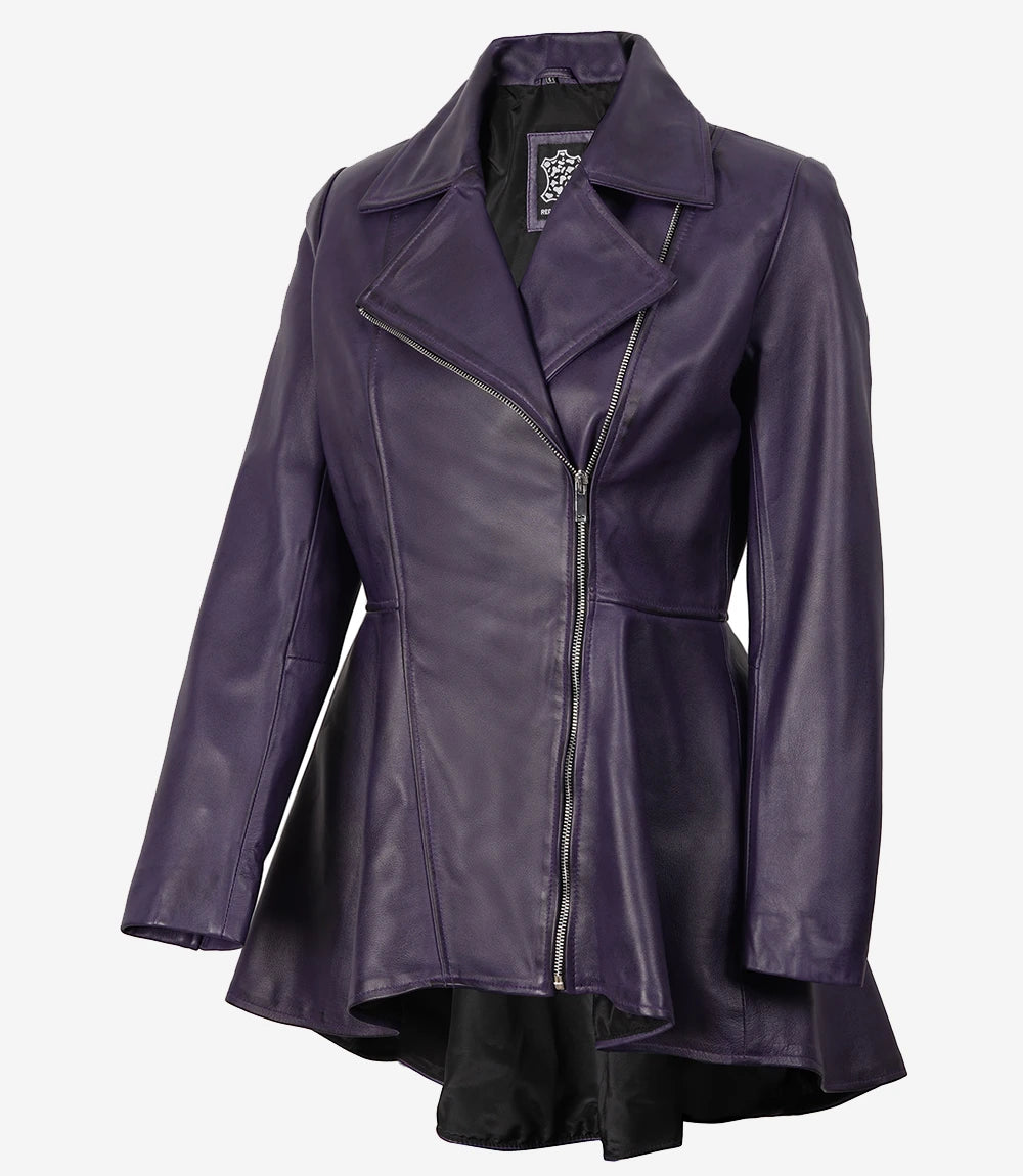 Womens Asymmetrical Purple Leather Peplum Jacket