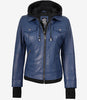 Womens Blue Bomber Leather Jacket With Hood