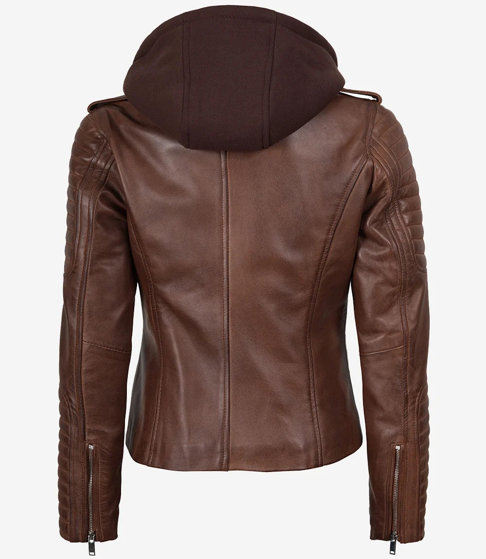 Women's Cognac Biker Style Leather Jacket with Removable Hood