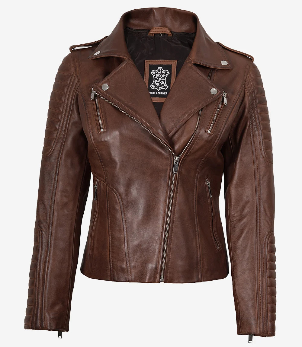 Women's Cognac Biker Style Leather Jacket with Removable Hood