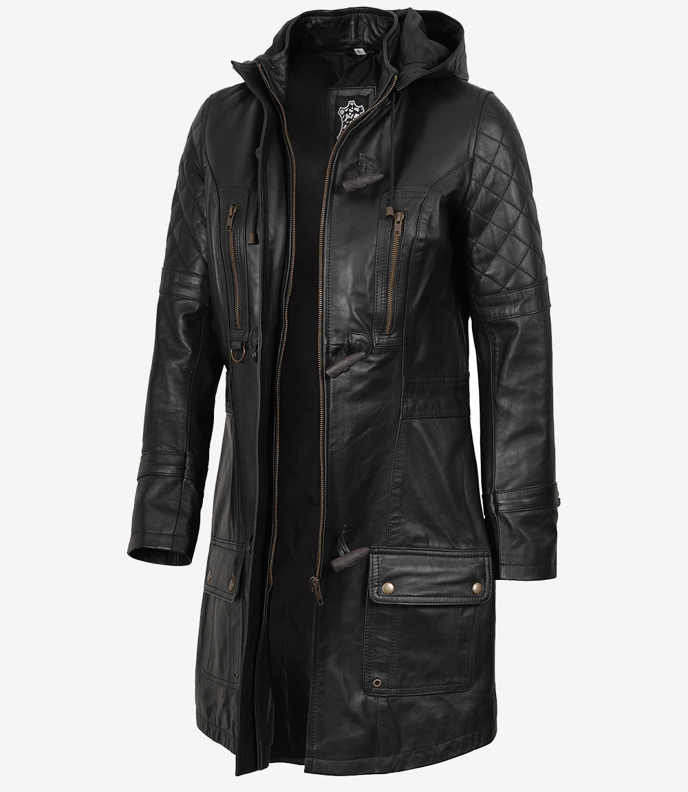 Women's 3/4 Length Black Leather Hooded Coat