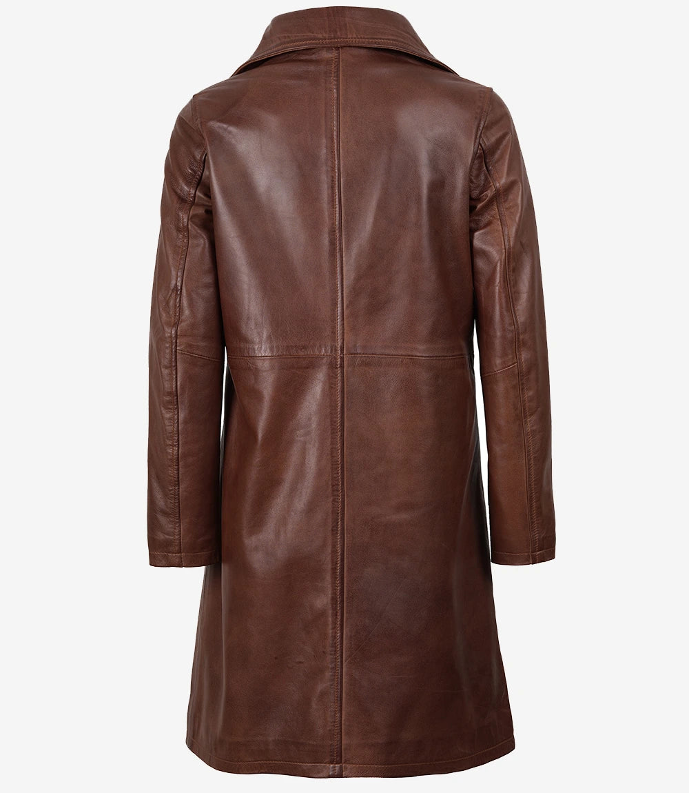 Long Cognac Leather Car Coat for Women
