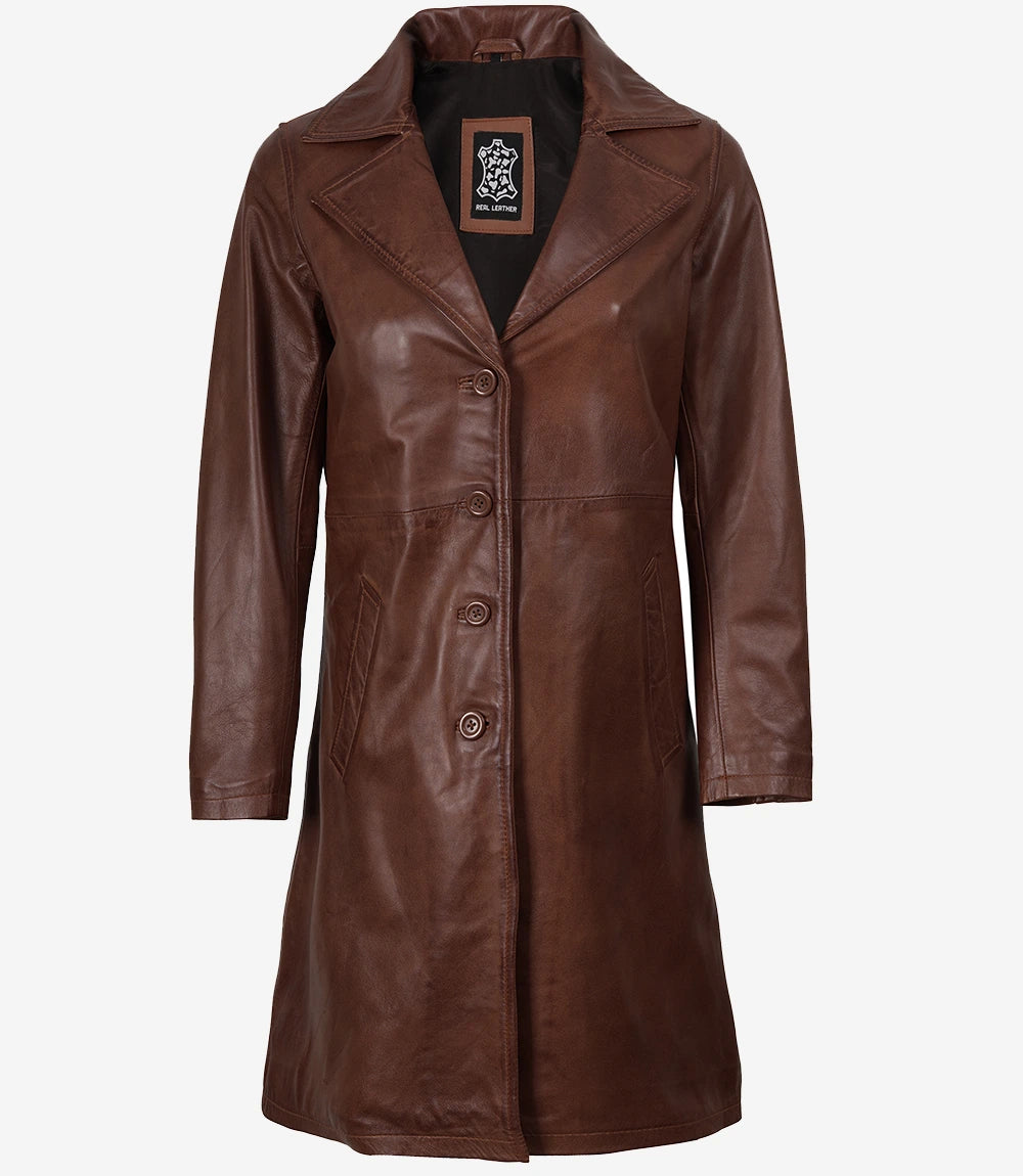Long Cognac Leather Car Coat for Women