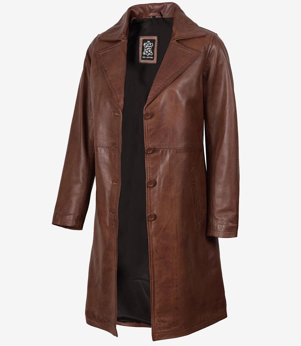 Long Cognac Leather Car Coat for Women