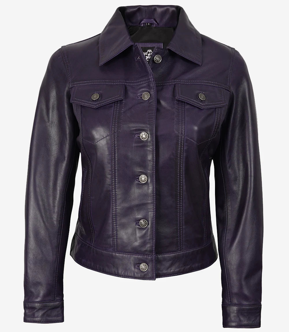 Women's Purple Leather Trucker Jacket