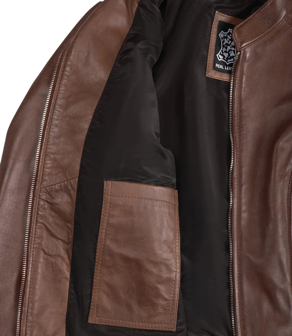 Womens Real Leather Cognac Waxed Biker Style Jacket