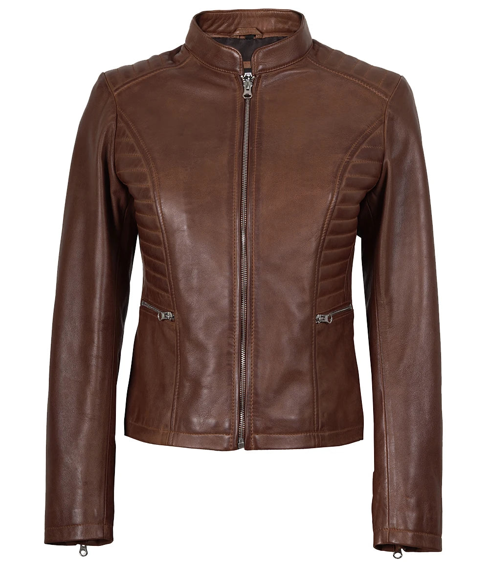 Womens Real Leather Cognac Waxed Biker Style Jacket