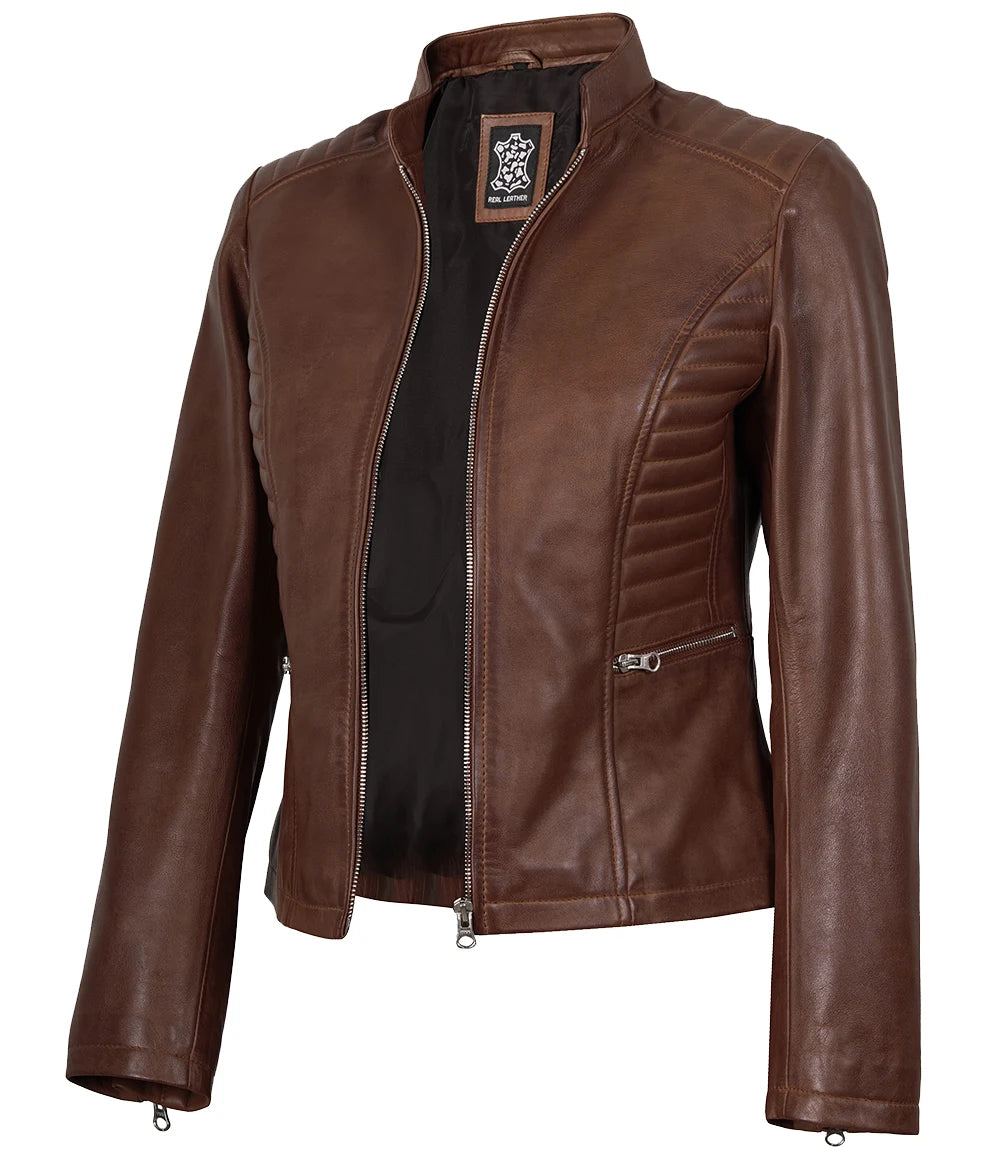 Womens Real Leather Cognac Waxed Biker Style Jacket