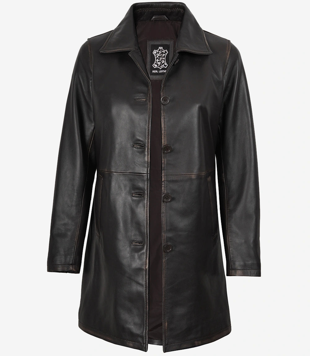 Women's Real Leather Distressed Brown 3/4 Length Coat