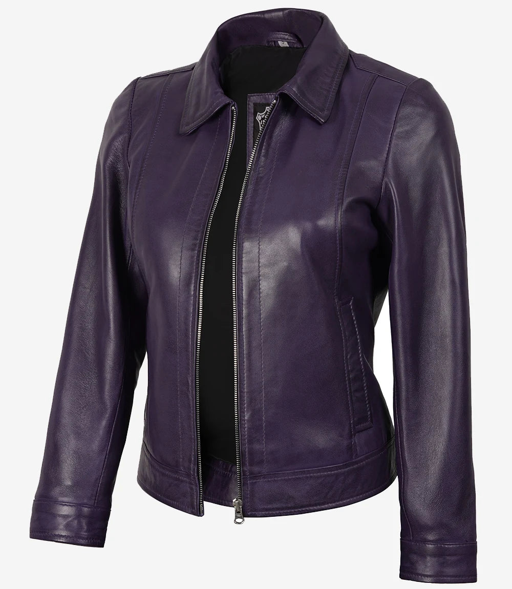Womens Shirt Collar Purple Leather Jacket