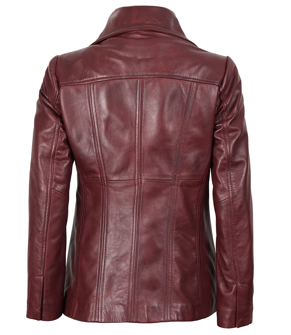 Womens Three Button Burgundy Leather Blazer