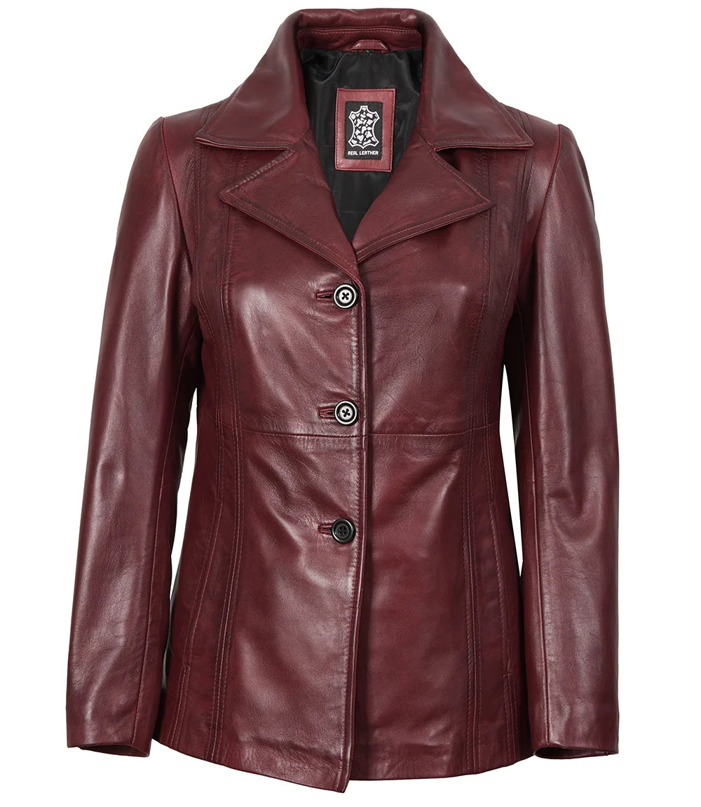 Womens Three Button Burgundy Leather Blazer
