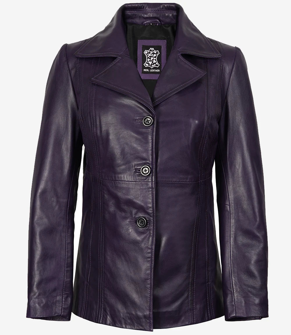 Womens Three Button Purple Leather Blazer