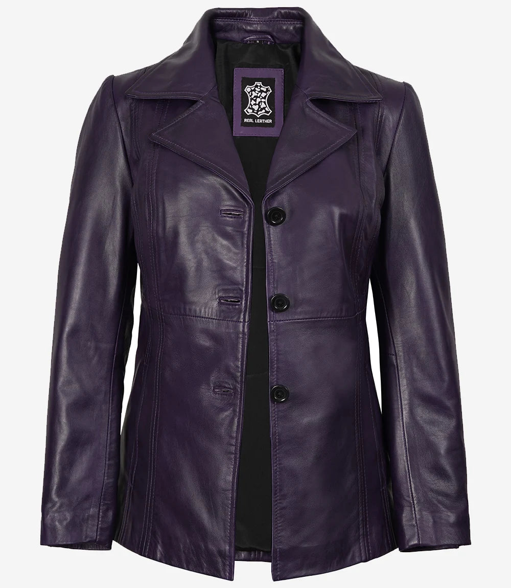 Womens Three Button Purple Leather Blazer