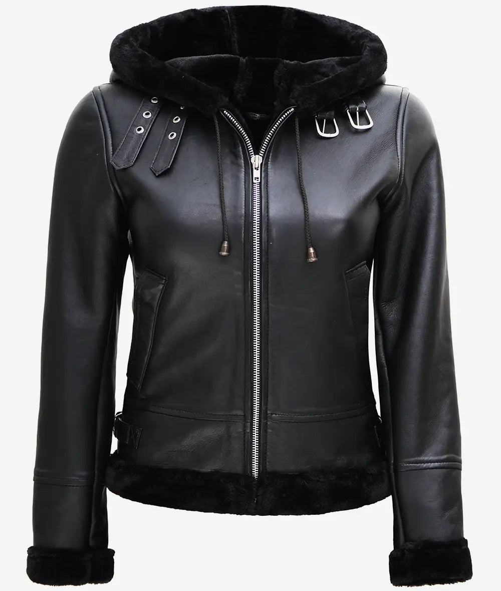 Womens Black Leather Aviator Jacket With Hood