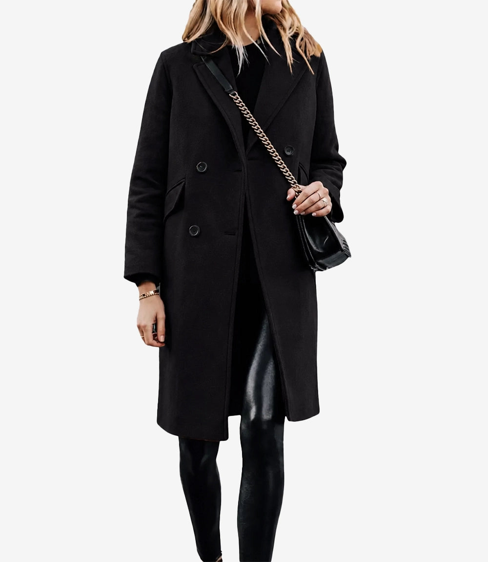 The Classicist: Women's Double-Breasted Wool Coat in Black - Black