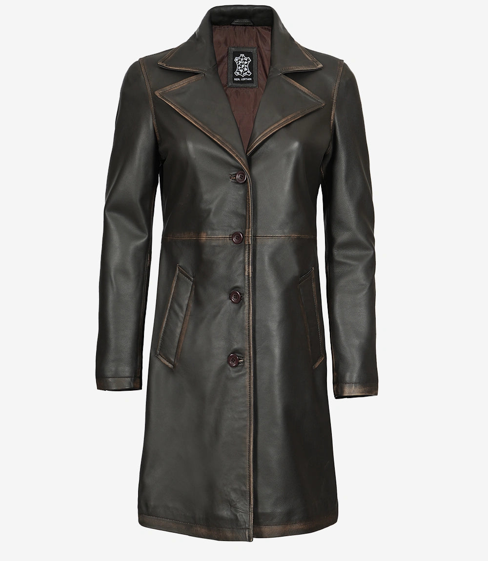 Women's Distressed Brown 3/4 Length Leather Coat