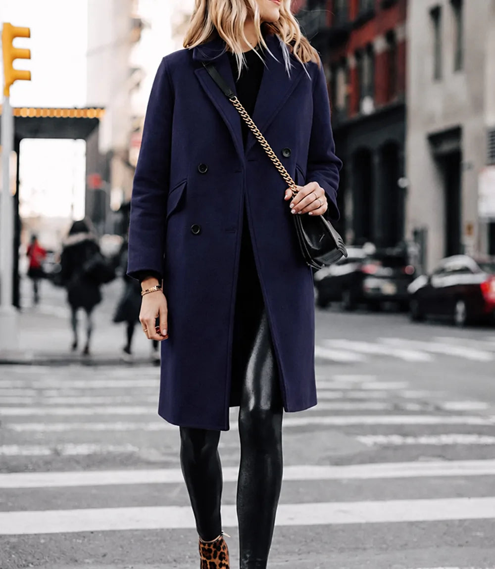 The Classicist: Women's Double-Breasted Wool Coat in Rich Blue - Blue - view 3