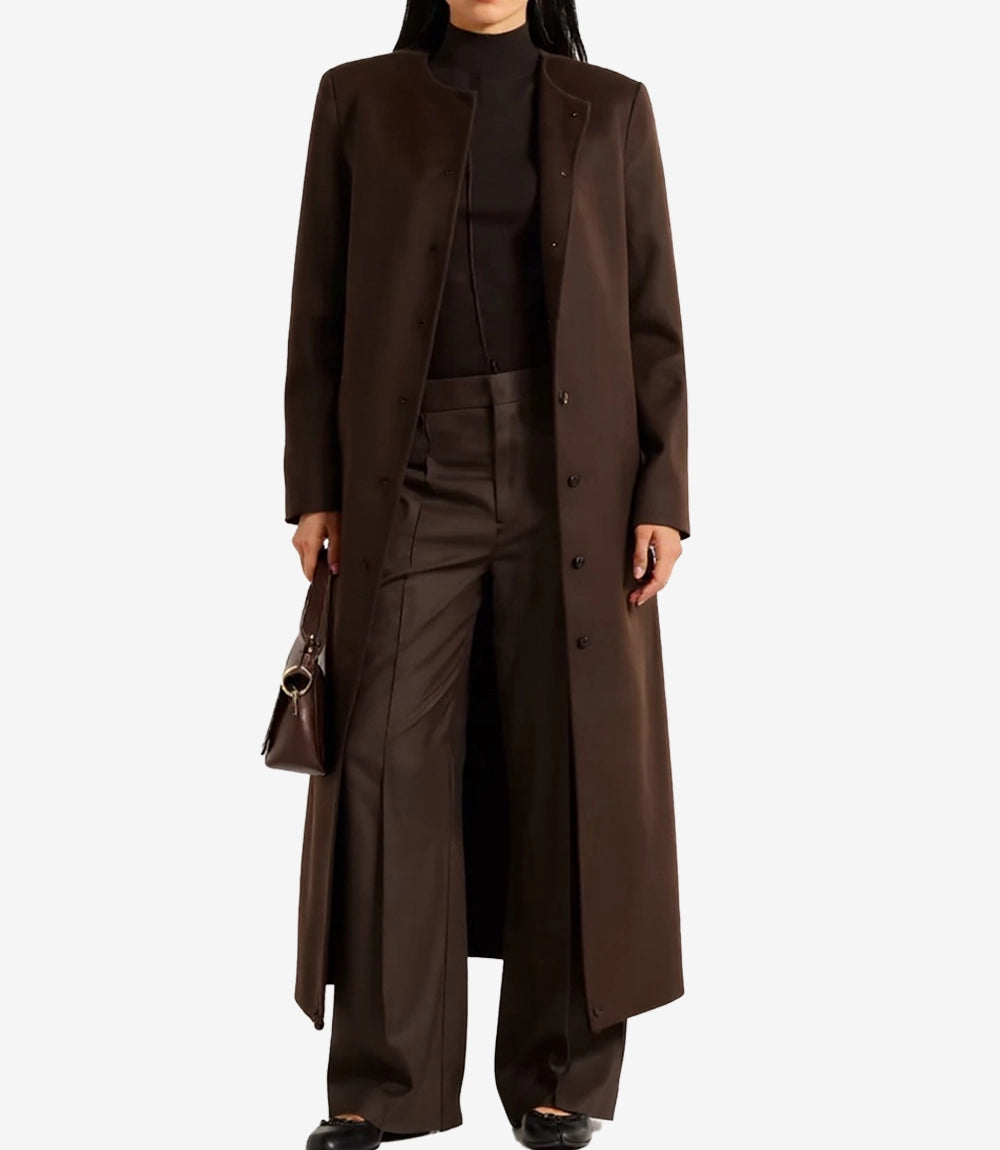 Womens Chocolate Brown Wool Coat | Collarless Trench Coat for Winter