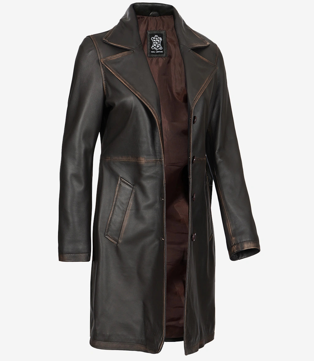Women's Distressed Brown 3/4 Length Leather Coat