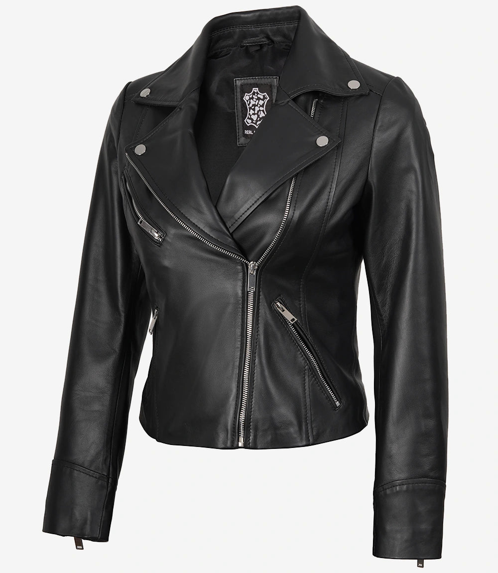 Rita Womens Asymmetrical Black Leather Biker Style Jacket
