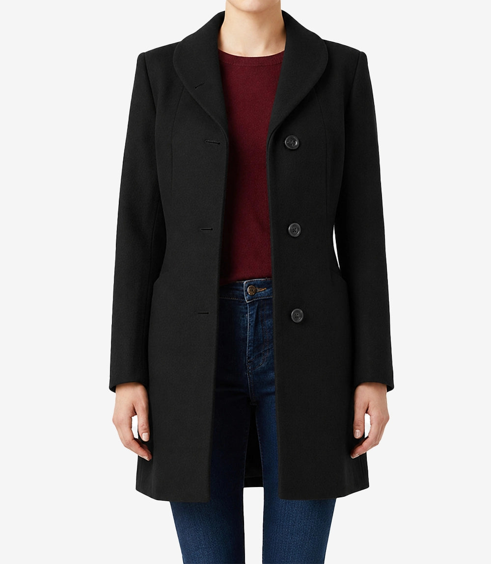 Barbara Women’s Mid Length Black Wool Coat - Black