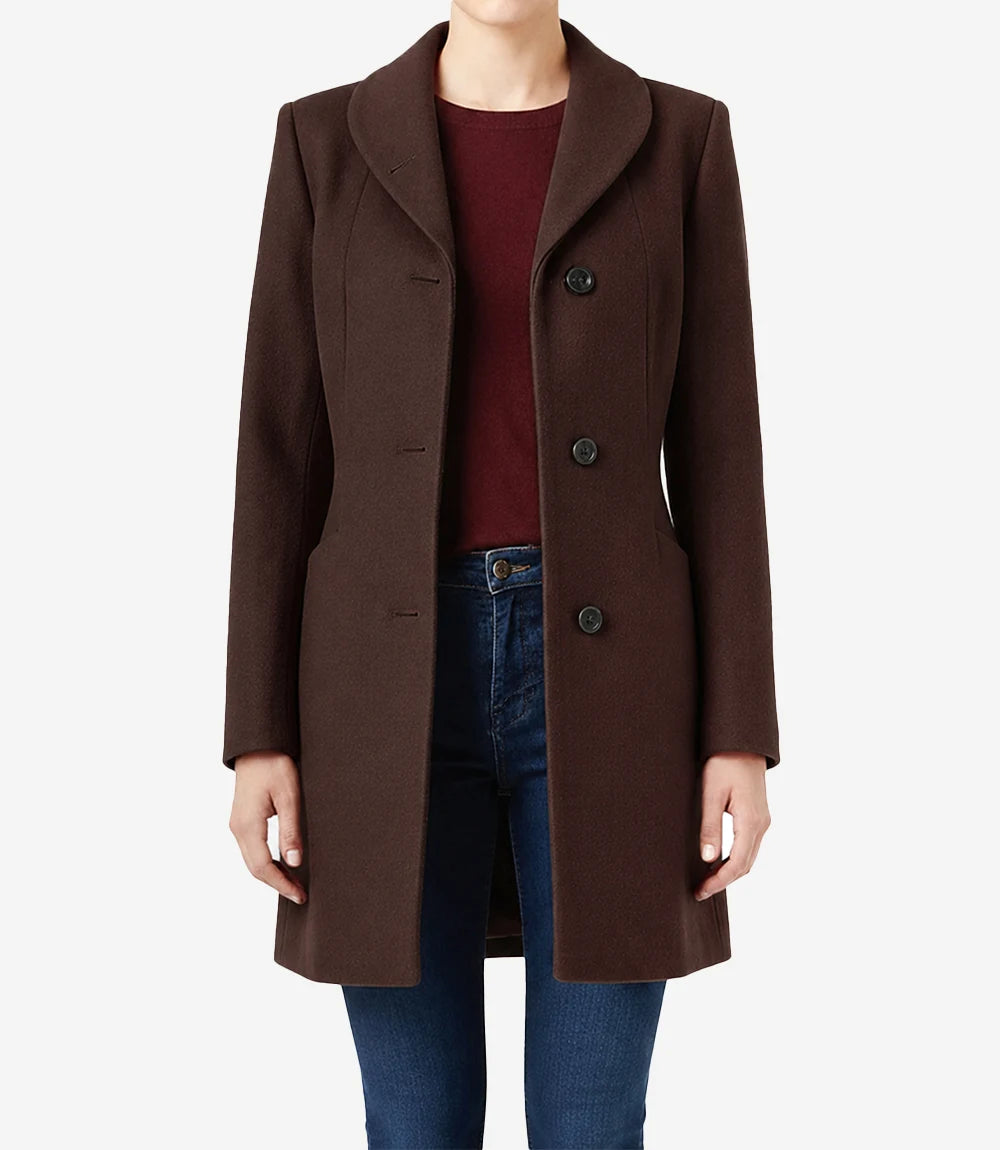 Barbara Women's Mid Length Brown Wool Coat - Brown