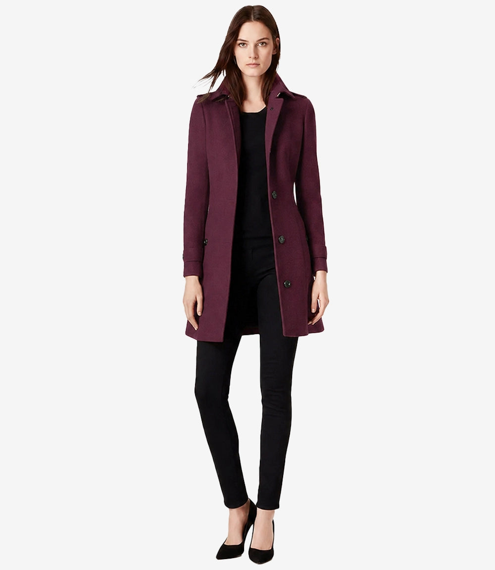 Josephine Women's Mid Length Burgundy Wool Coat - Burgundy - view 2